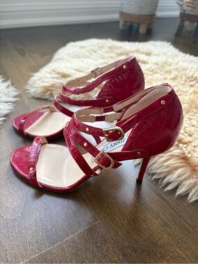 Jimmy Choo Red Patent Leather Strappy Heels with Gold Accents